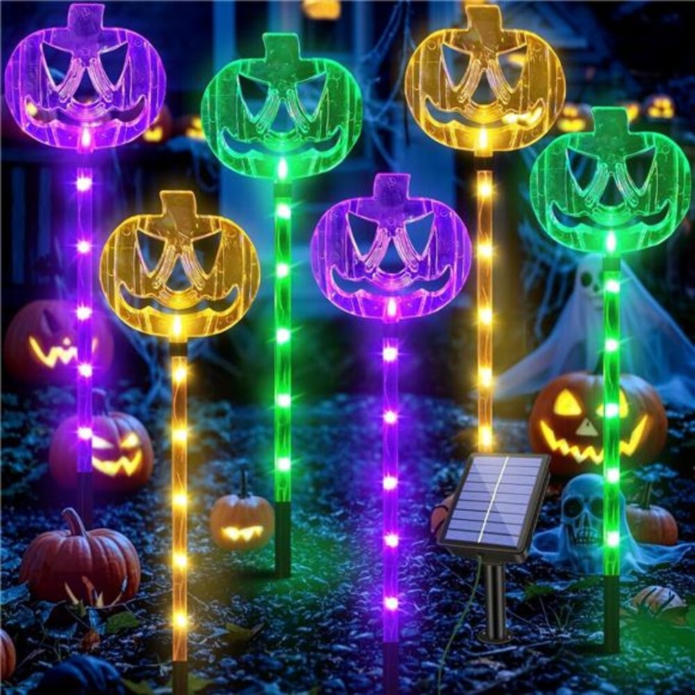 6 Pack Solar Pumpkin Stake Lights for Halloween Decorations Outdoor, Waterproof